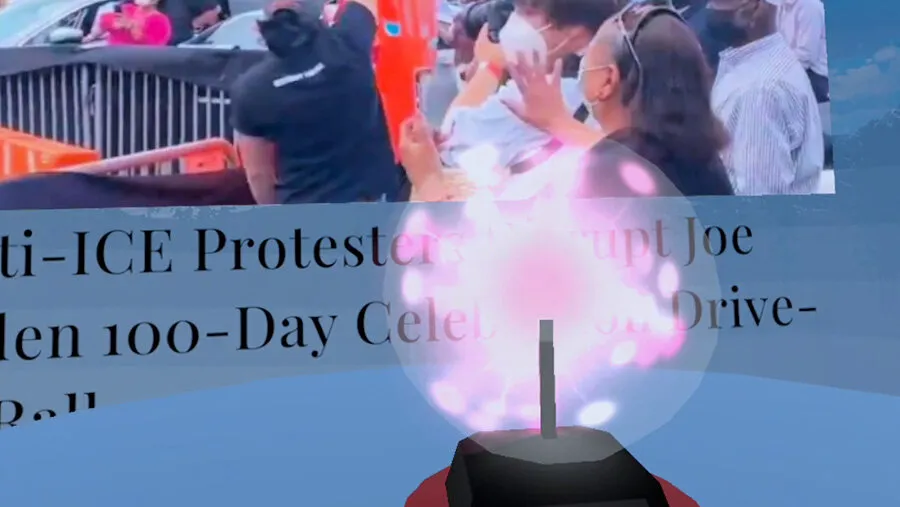 Screenshot of Bursting Your Bubble (VR) showing a plasma globe on a pedestal surrounded by news articles.