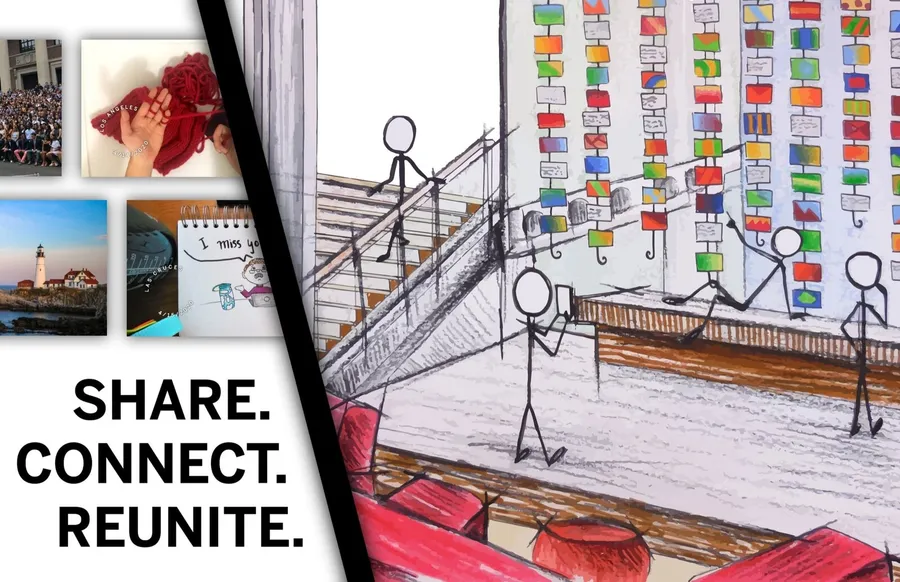 Drawing of postcard exhibit, virtual postcards, and the words "Share. Connect. Reunite."