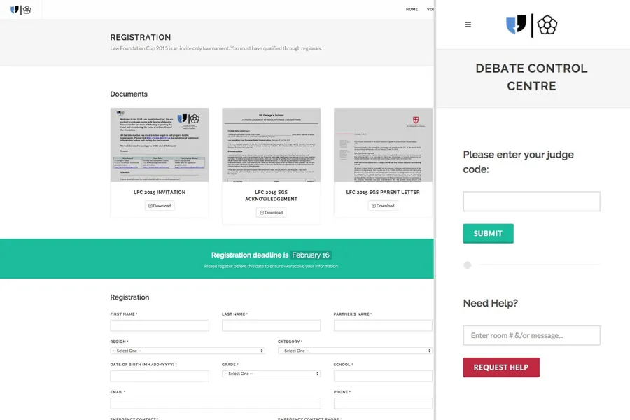 Screenshots of a registration page and control center for a debate tournament.